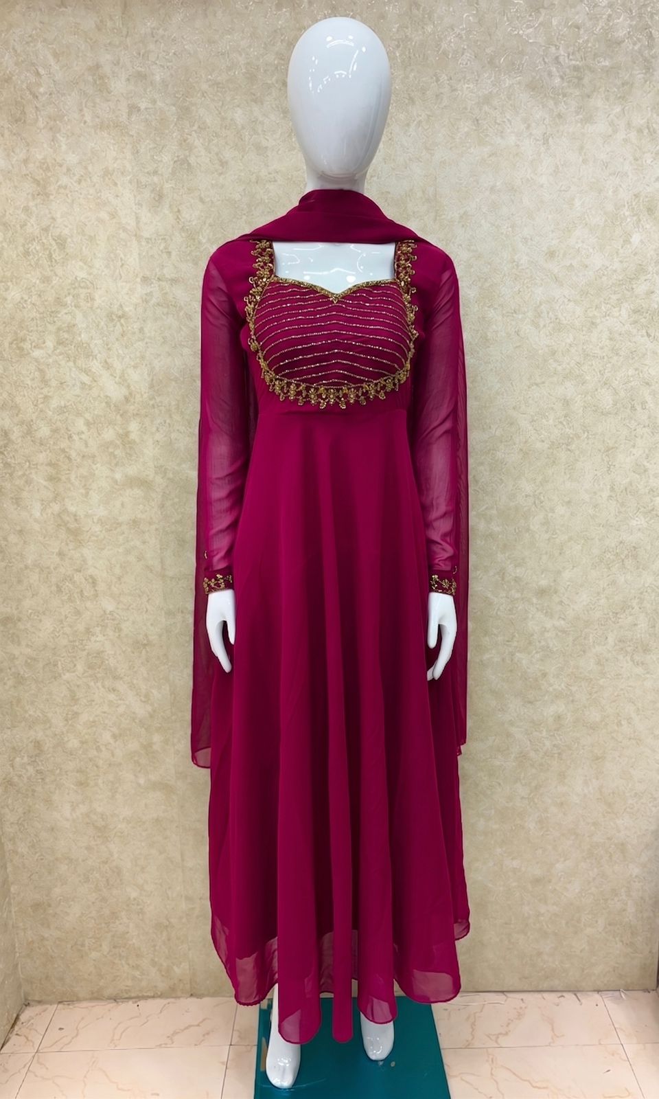 #TH225 / Georgette / Long Top Dupatta Set / Full Length / Full sleeves / Dark Pink - Image 2
