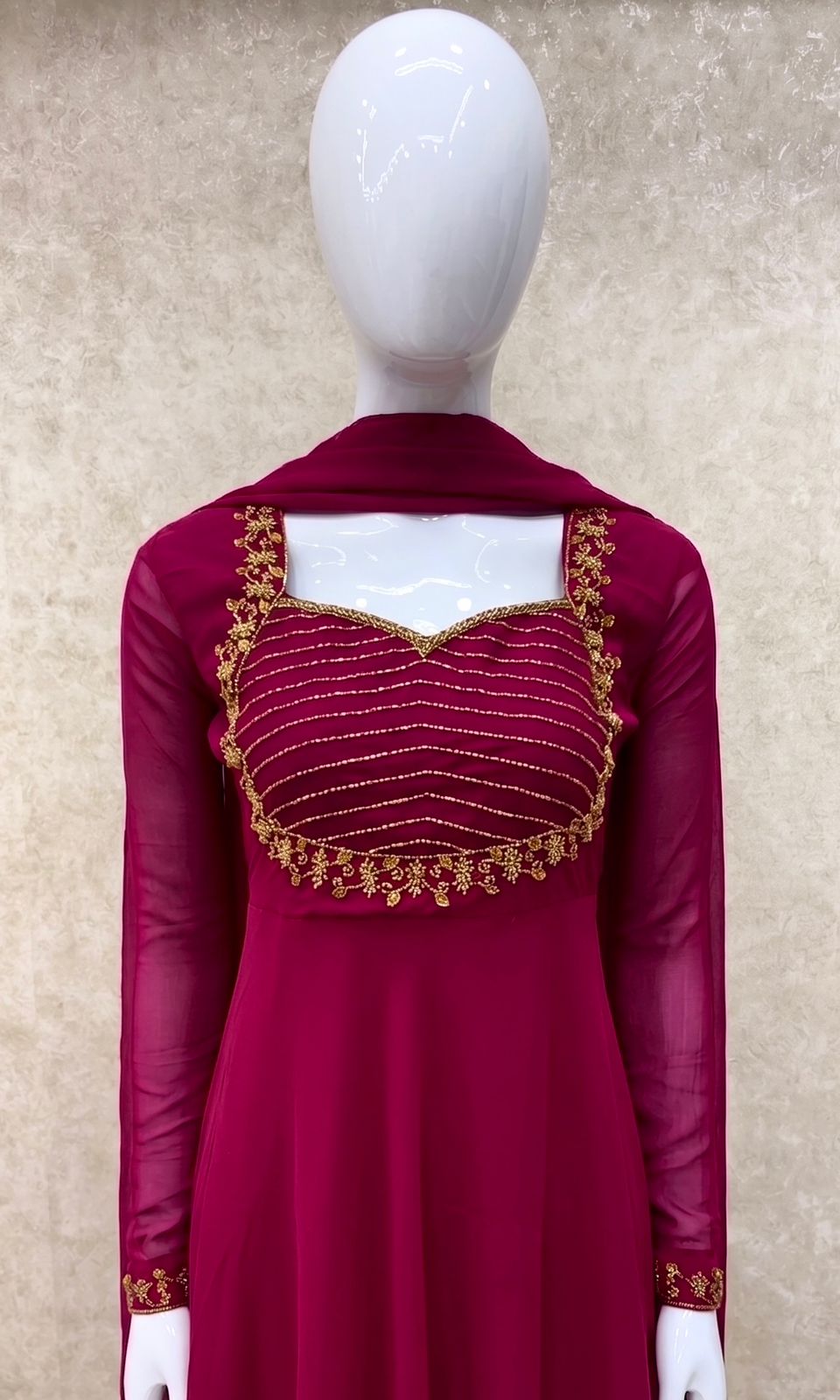 #TH225 / Georgette / Long Top Dupatta Set / Full Length / Full sleeves / Dark Pink