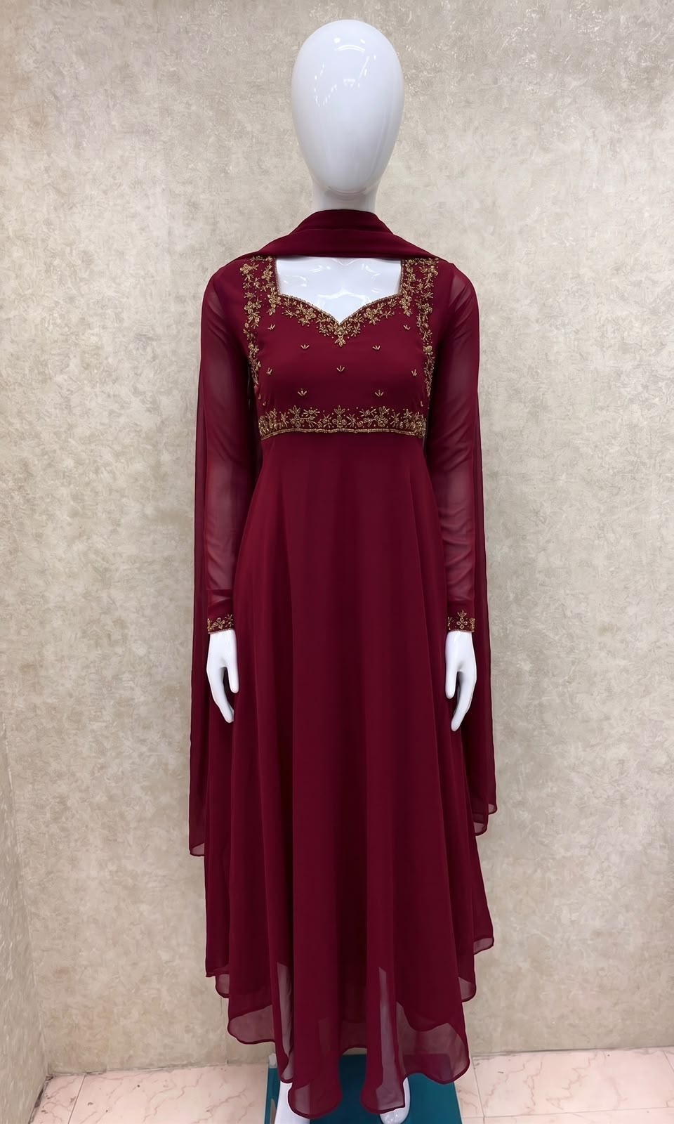 #TH219 /Georgette/Long Top Dupatta Set/Full Length/Full sleeves / Reddish Maroon - Image 2