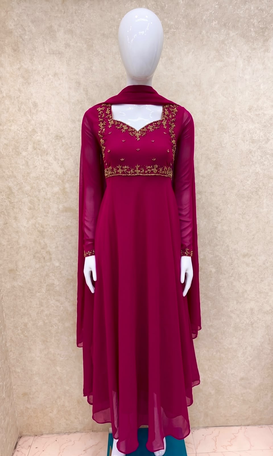 #TH219 /Georgette/Long Top Dupatta Set/Full Length/Full sleeves / Dark Pink - Image 2