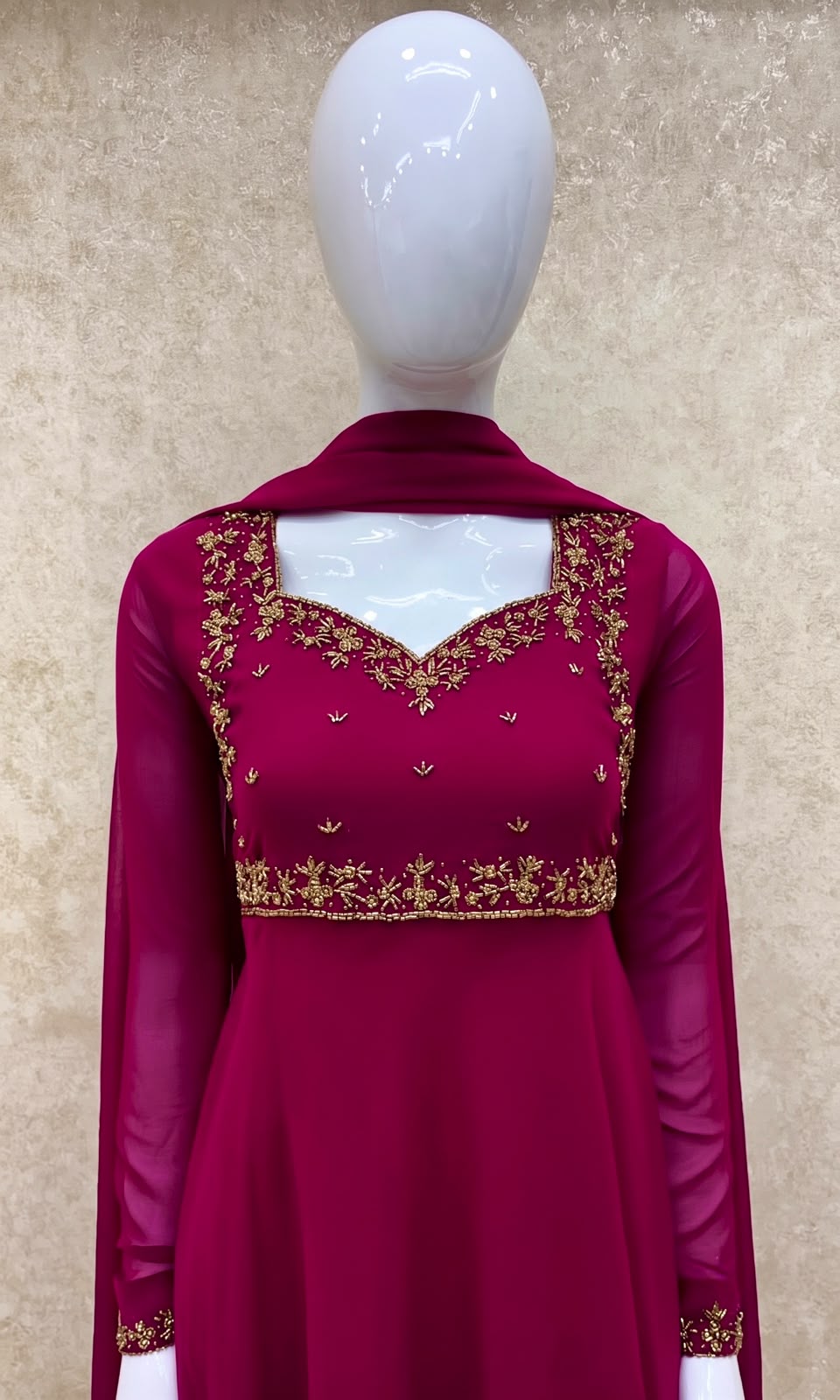 #TH219 /Georgette/Long Top Dupatta Set/Full Length/Full sleeves / Dark Pink
