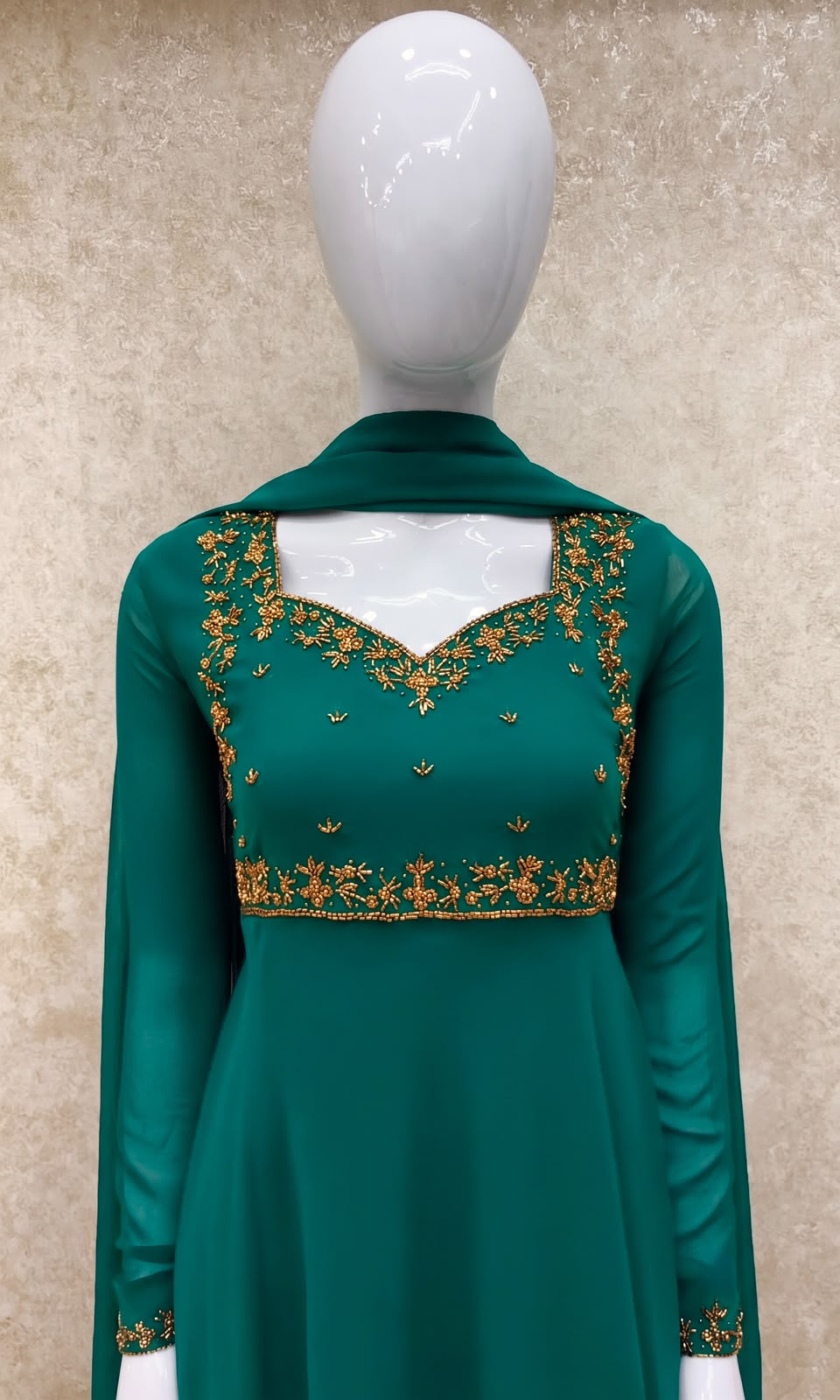 #TH219 /Georgette/Long Top Dupatta Set/Full Length/Full sleeves / Peacock Green
