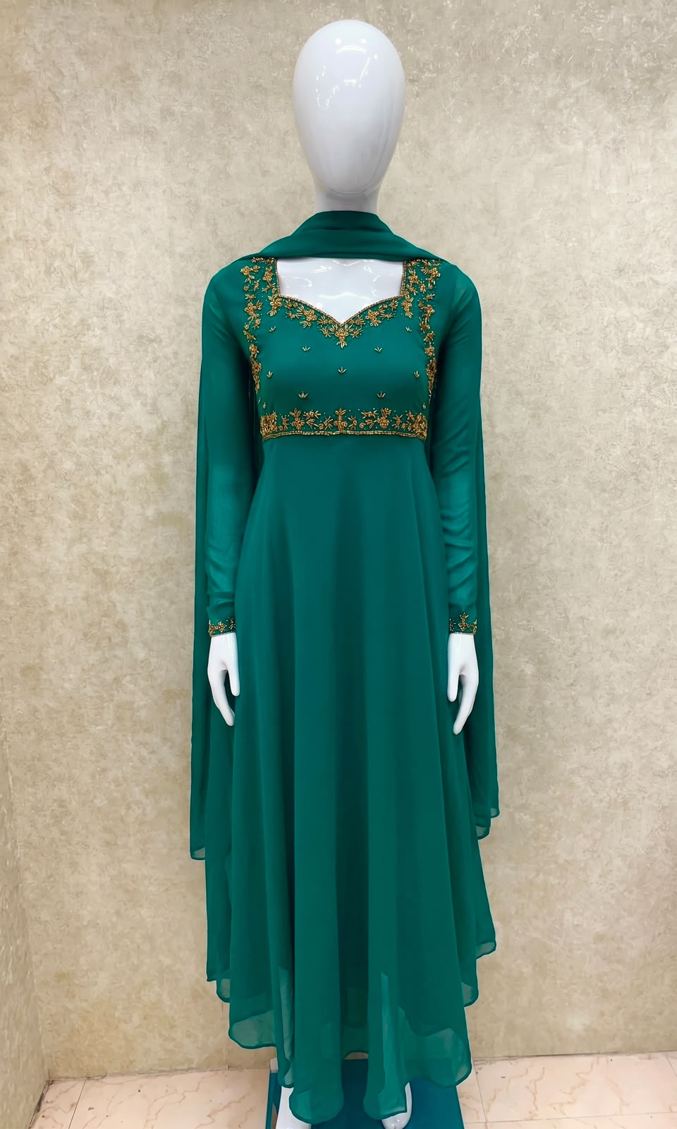 #TH219 /Georgette/Long Top Dupatta Set/Full Length/Full sleeves / Peacock Green - Image 2