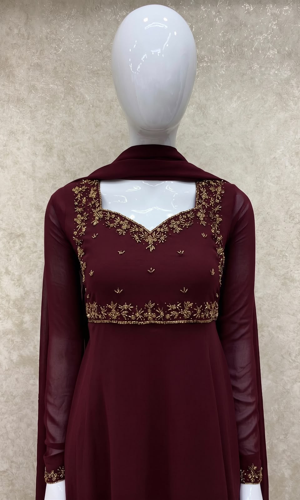#TH219 /Georgette/Long Top Dupatta Set/Full Length/Full sleeves / Dark Maroon