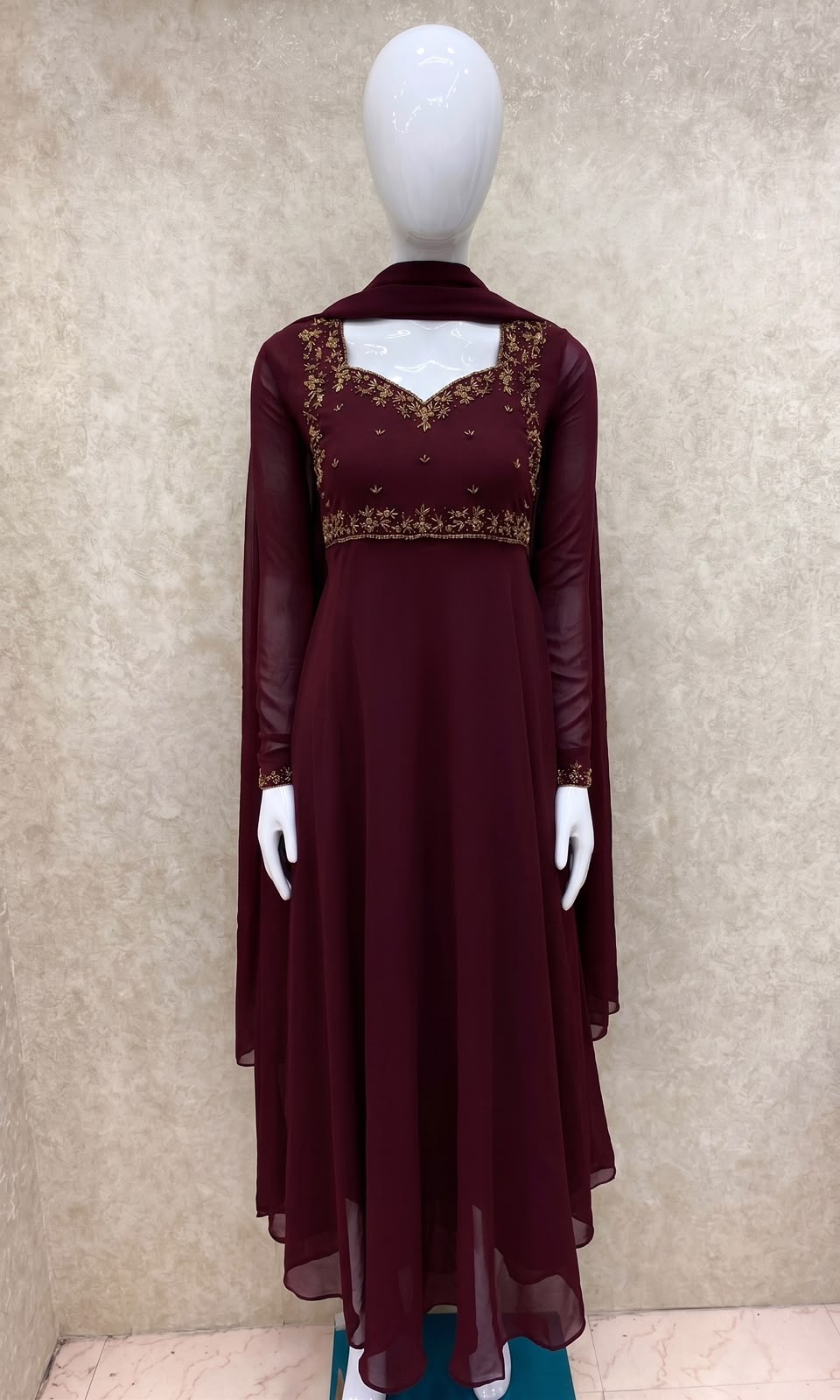 #TH219 /Georgette/Long Top Dupatta Set/Full Length/Full sleeves / Dark Maroon - Image 2