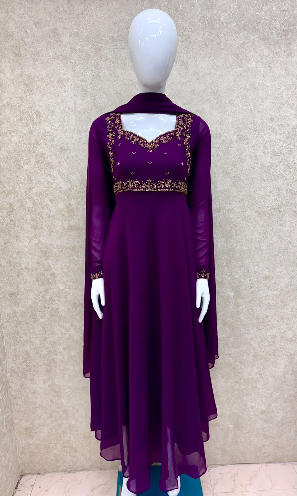 #TH219 /Georgette/Long Top Dupatta Set/Full Length/Full sleeves / Dark Purple - Image 2