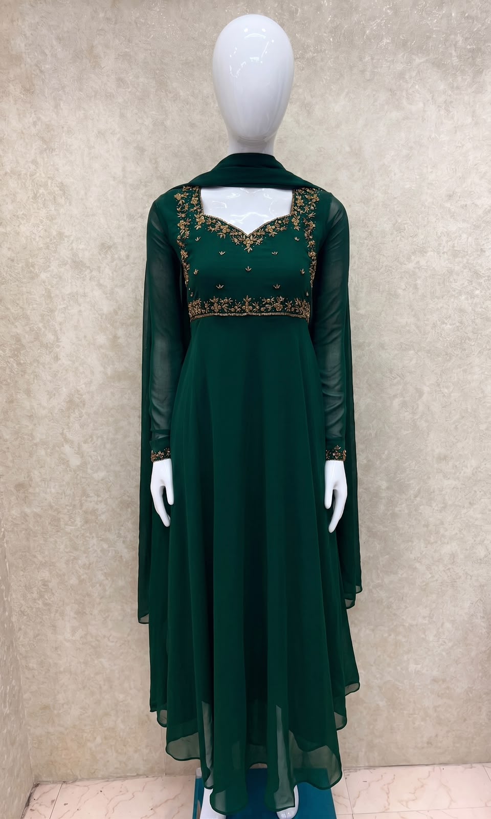 #TH219 /Georgette/Long Top Dupatta Set/Full Length/Full sleeves / Dark Green - Image 2