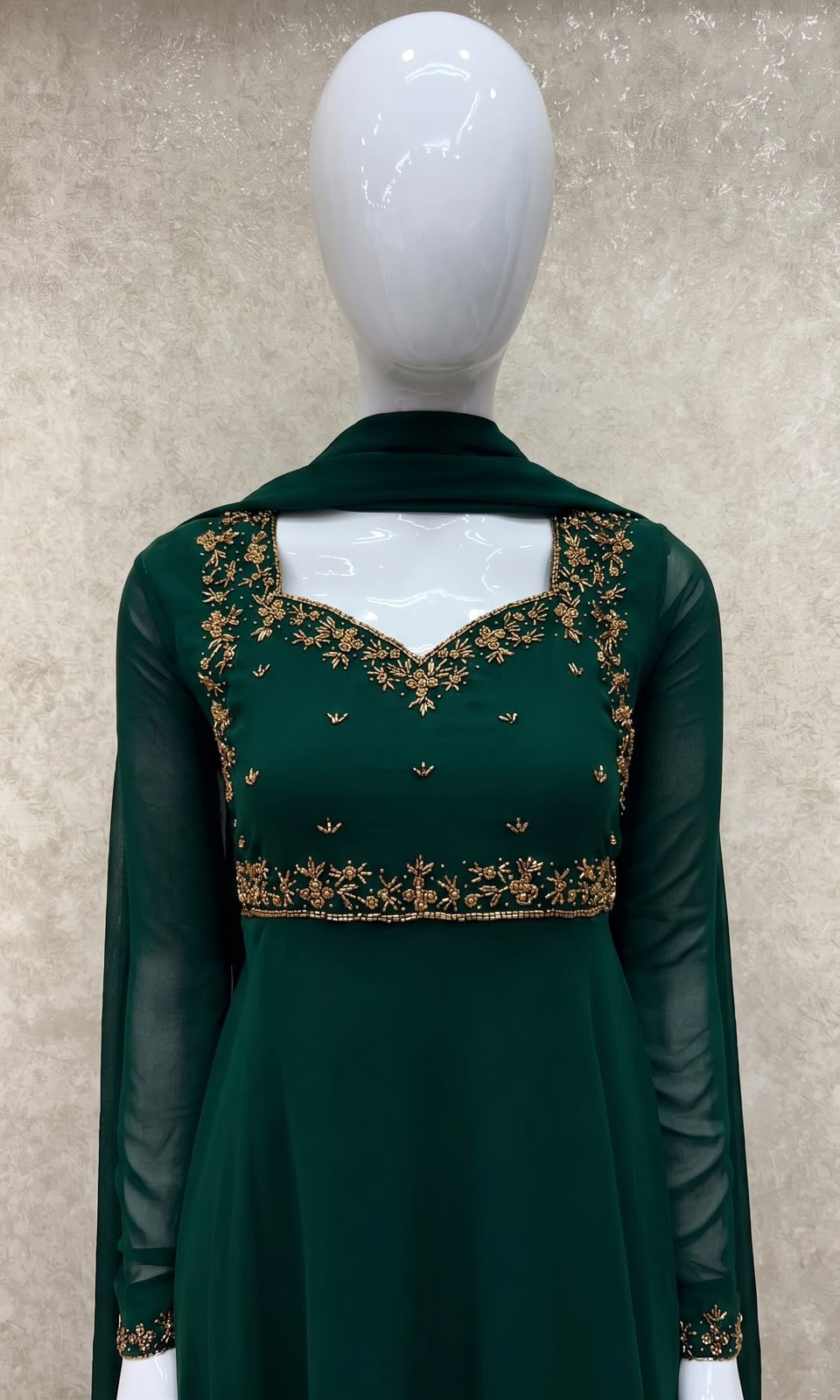 #TH219 /Georgette/Long Top Dupatta Set/Full Length/Full sleeves / Dark Green