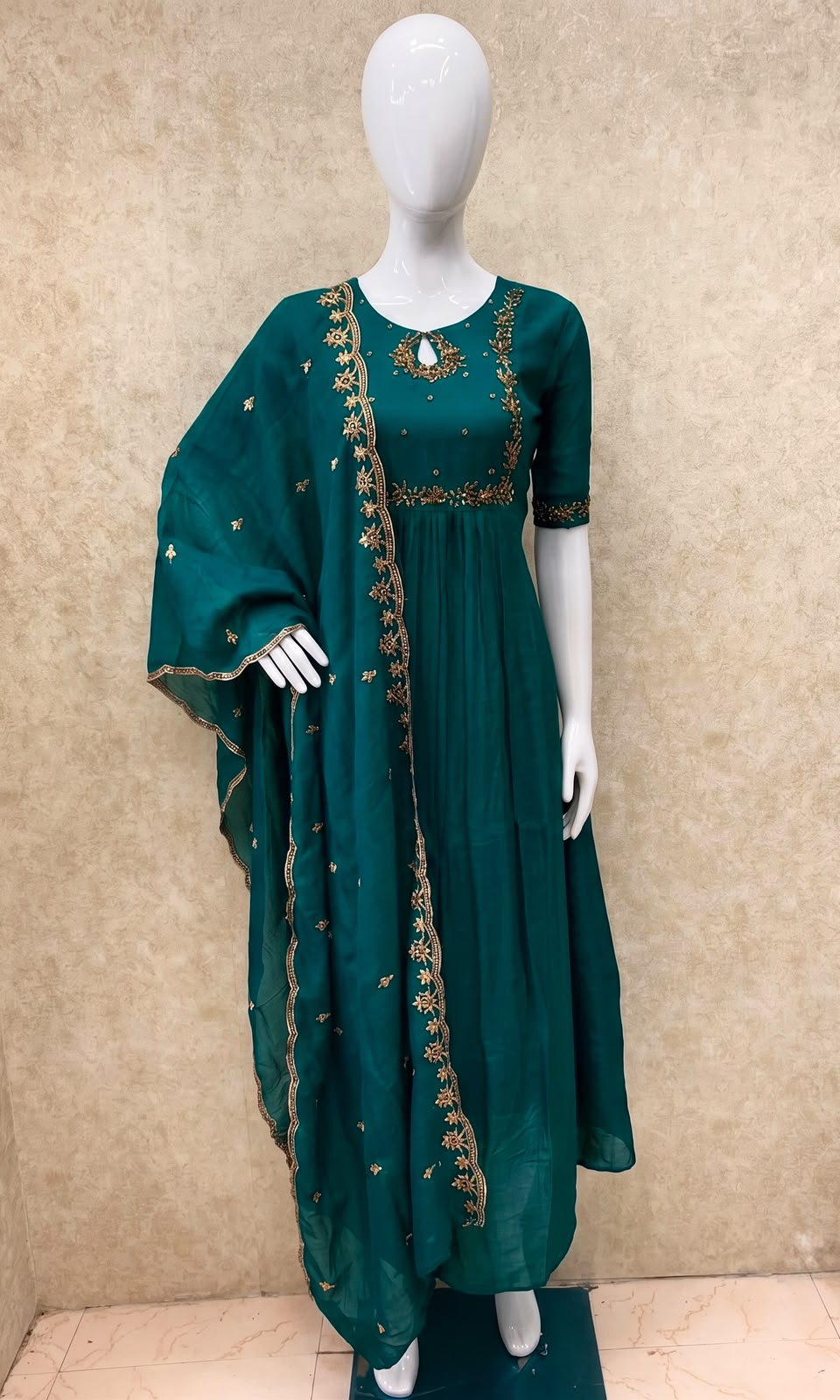 #TH228 / Long Top Vichitra Silk Heavy Embroideried Dupatta Set / Party wear / Dark Peacock Green - Image 2