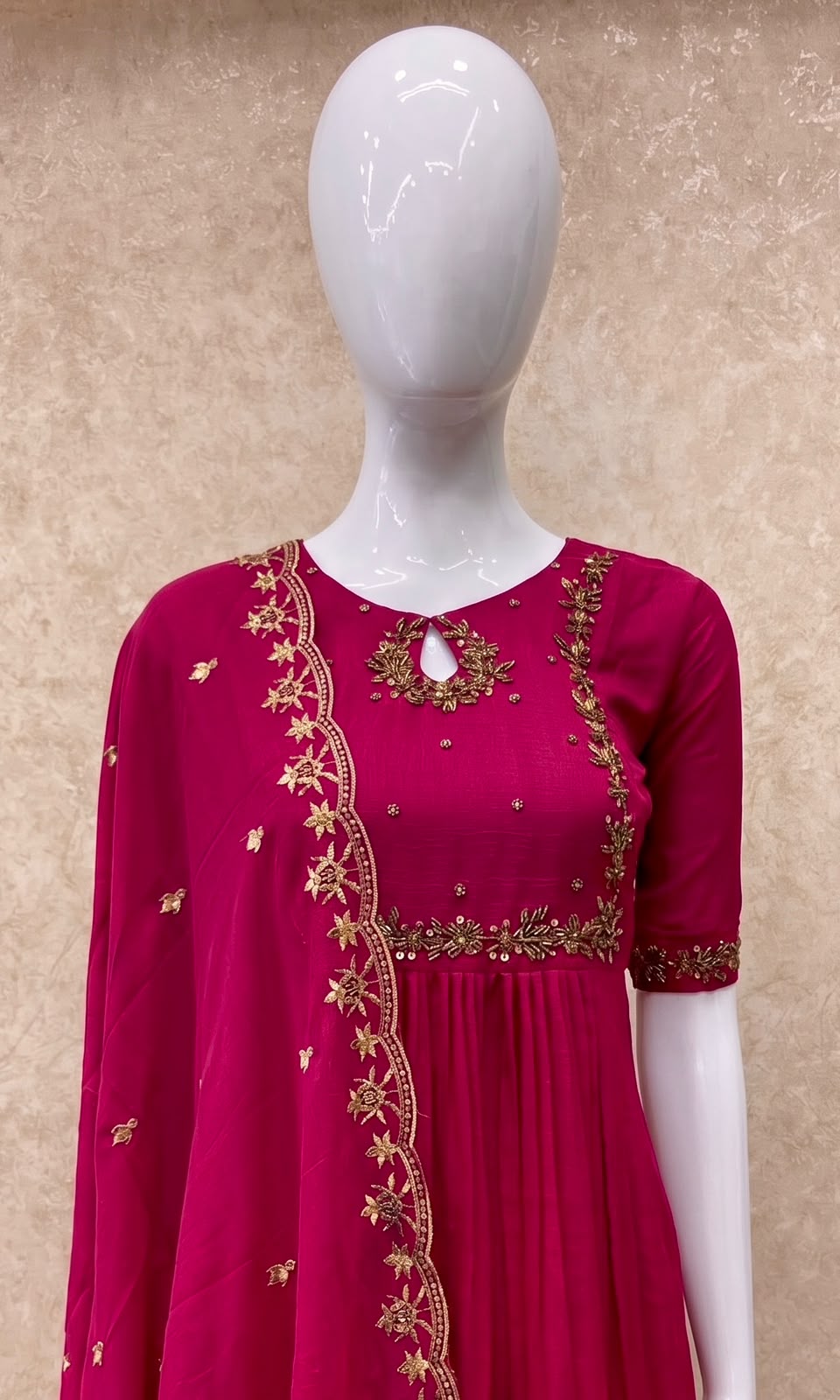 #TH228 / Long Top Vichitra Silk Heavy Embroideried Dupatta Set / Party wear / Hot Pink
