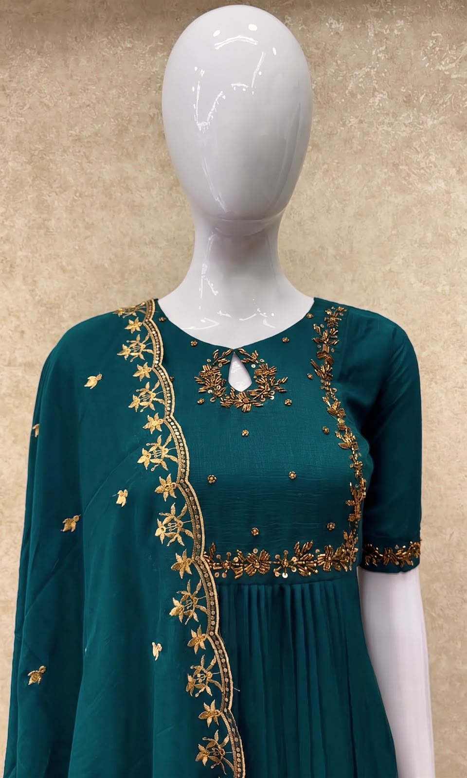 #TH228 / Long Top Vichitra Silk Heavy Embroideried Dupatta Set / Party wear / Dark Peacock Green