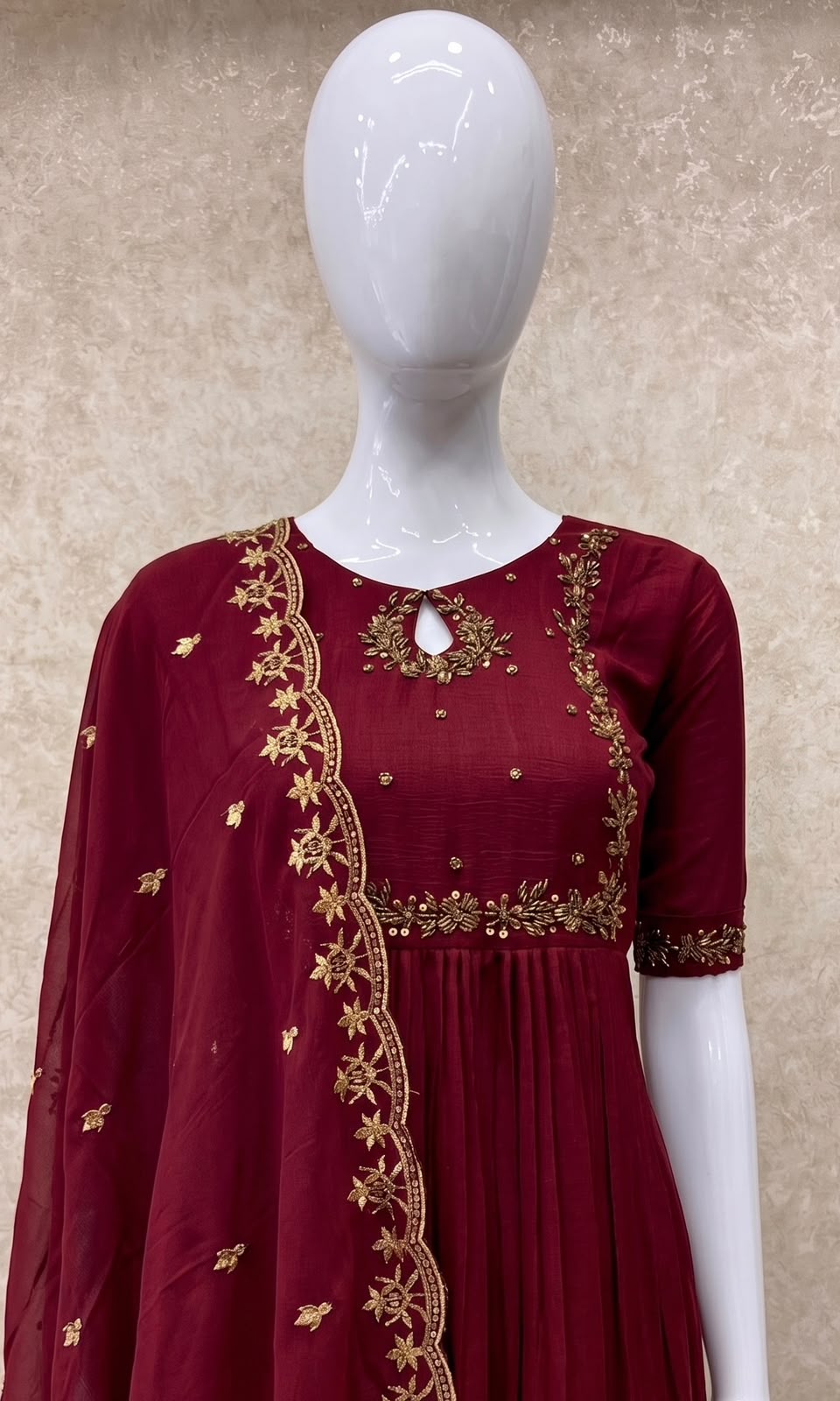#TH228 / Long Top Vichitra Silk Heavy Embroideried Dupatta Set / Party wear / Reddish Maroon