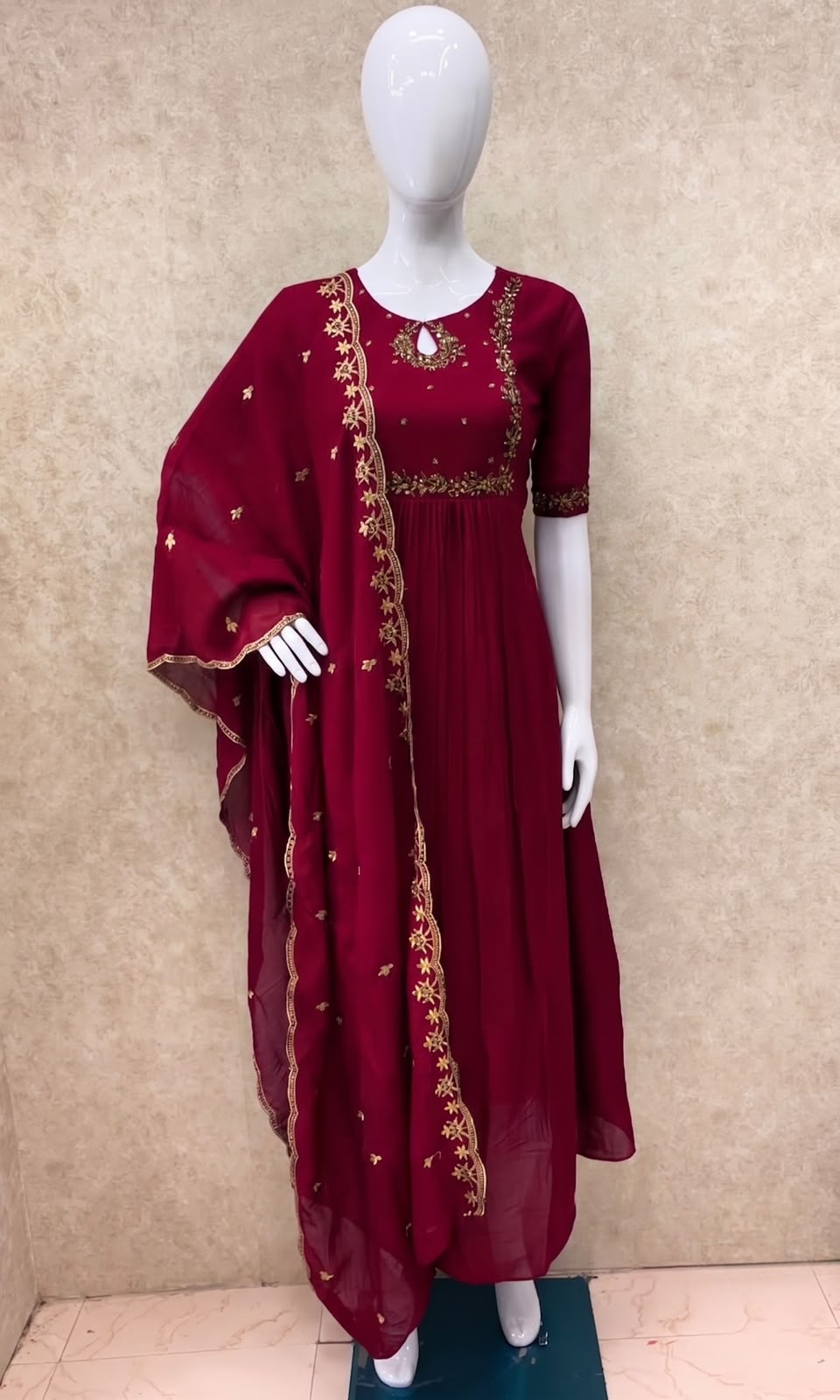 #TH228 / Long Top Vichitra Silk Heavy Embroideried Dupatta Set / Party wear / Reddish Maroon - Image 2
