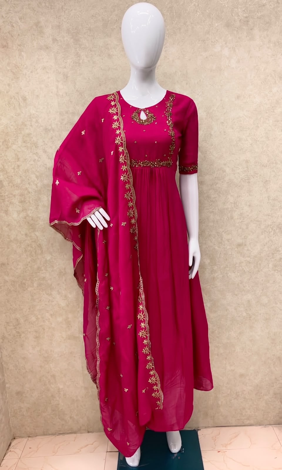 #TH228 / Long Top Vichitra Silk Heavy Embroideried Dupatta Set / Party wear / Hot Pink - Image 2