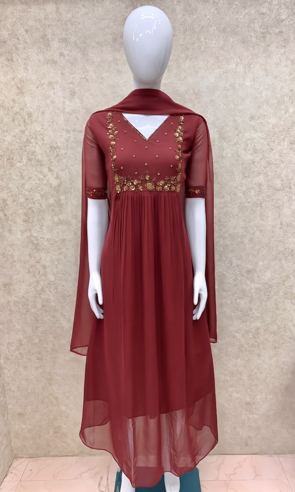 #TH200 / Long Top Dupatta Set / Pleated / Elbow sleeves / Pastel Peach - Image 2