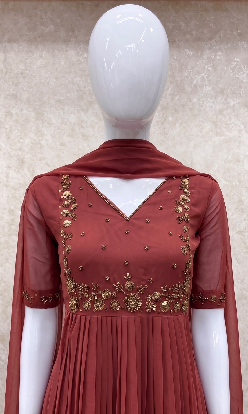 #TH200 / Long Top Dupatta Set / Pleated / Elbow sleeves / Pastel Peach