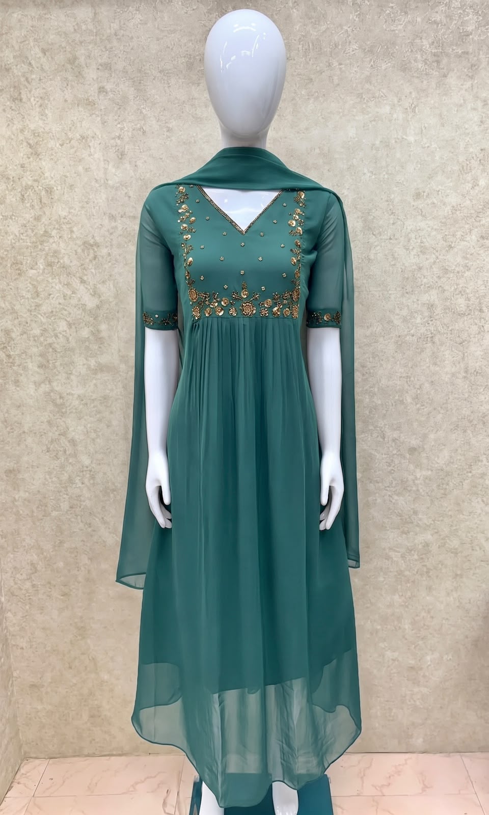 #TH200 / Long Top Dupatta Set / Pleated / Elbow sleeves / Pastel Blue - Image 2