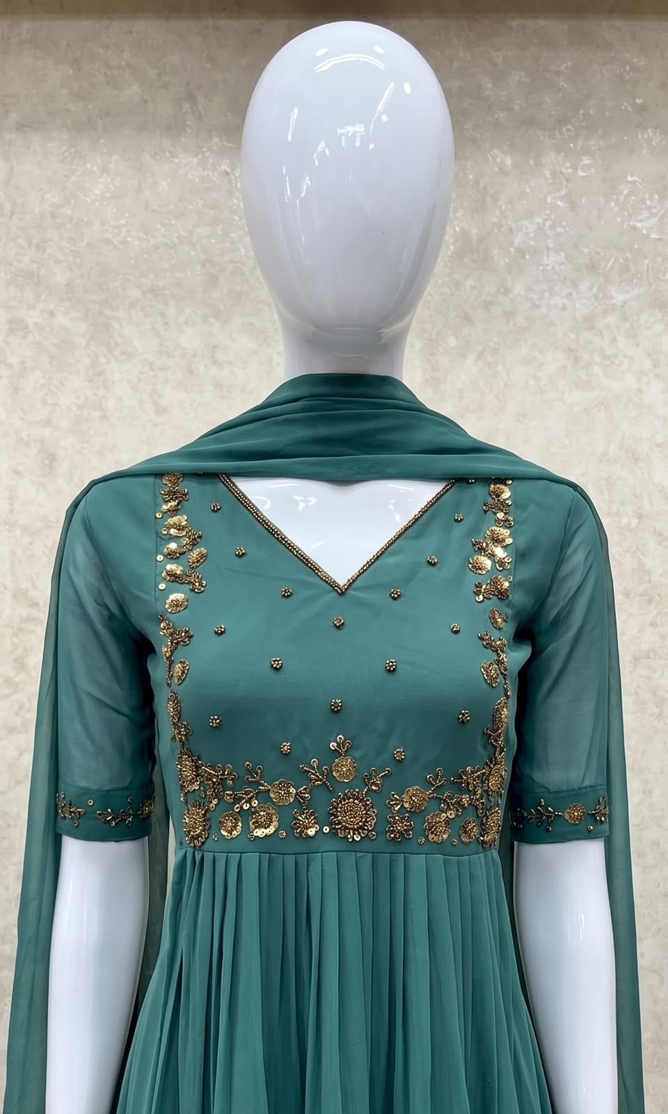 #TH200 / Long Top Dupatta Set / Pleated / Elbow sleeves / Pastel Blue