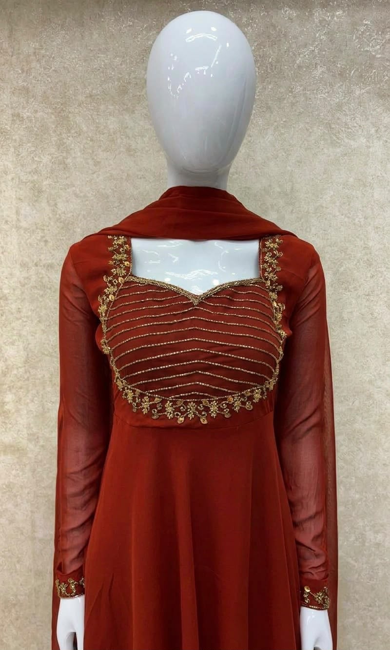 #TH225 / Georgette / Long Top Dupatta Set / Full Length / Full sleeves / Brick Orange