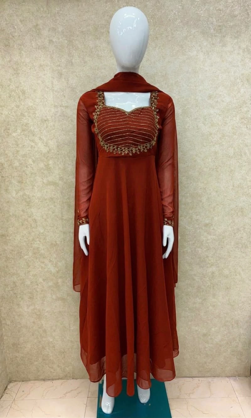 #TH225 / Georgette / Long Top Dupatta Set / Full Length / Full sleeves / Brick Orange - Image 2