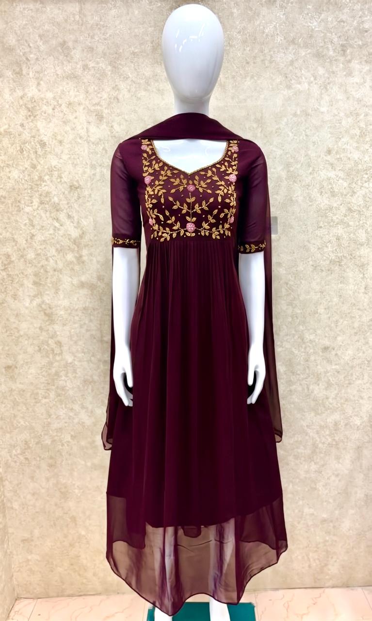 #TH197 / Long Top Dupatta Set / Pleated / Elbow sleeves / All Over Handwork03 / Dark Maroon - Image 2