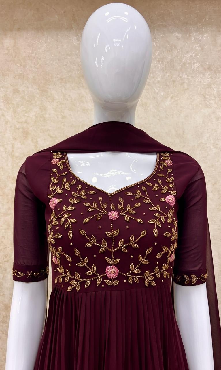 #TH197 / Long Top Dupatta Set / Pleated / Elbow sleeves / All Over Handwork03 / Dark Maroon