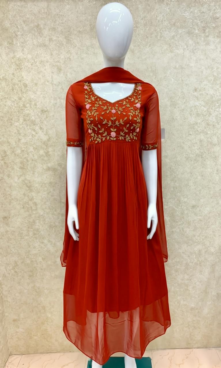 #TH197 / Long Top Dupatta Set / Pleated / Elbow sleeves / All Over Handwork03 / Orange - Image 2