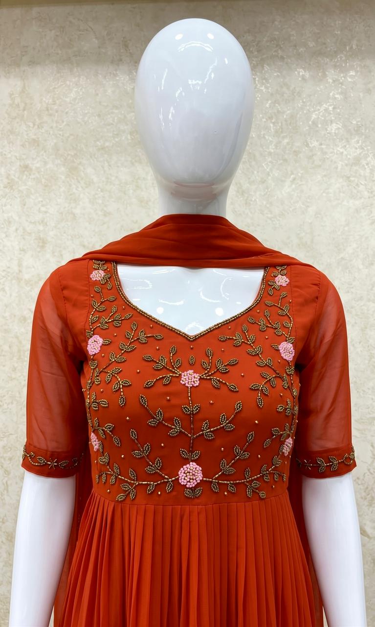 #TH197 / Long Top Dupatta Set / Pleated / Elbow sleeves / All Over Handwork03 / Orange