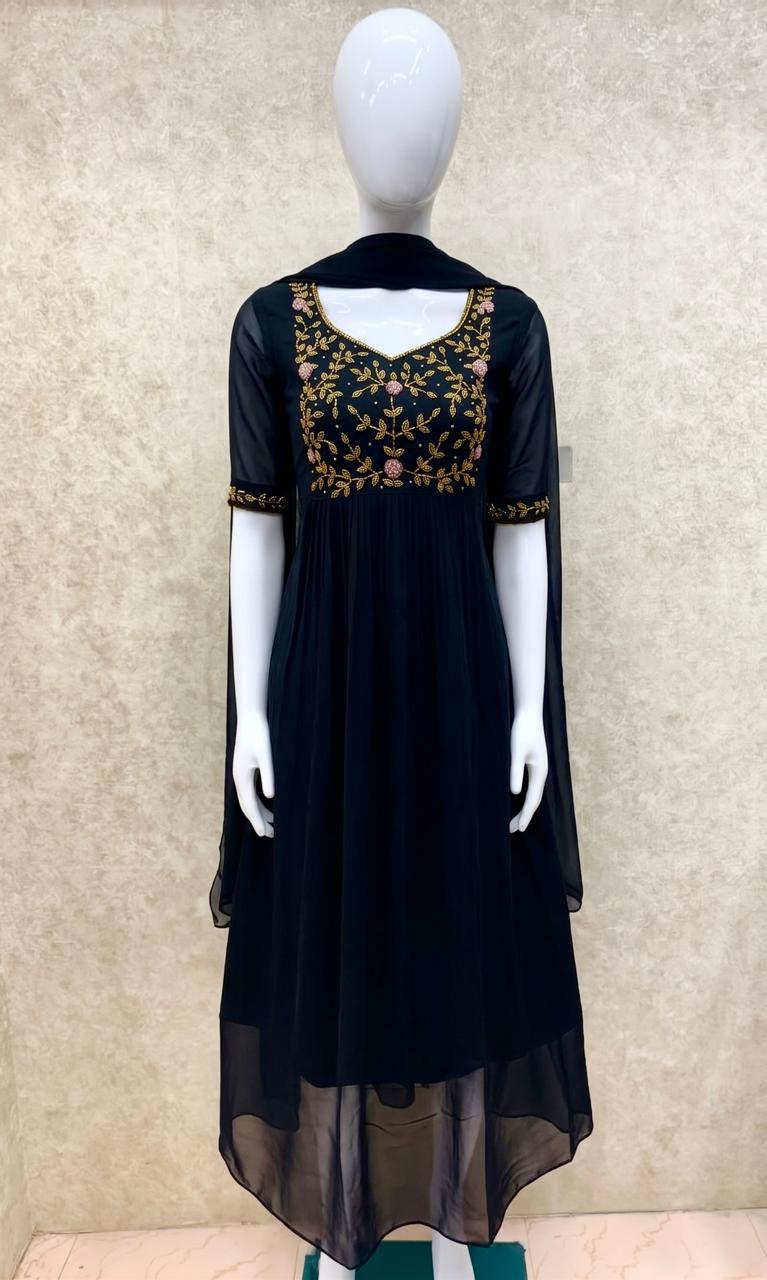 #TH197 / Long Top Dupatta Set / Pleated / Elbow sleeves / All Over Handwork03 / Jet Black - Image 2