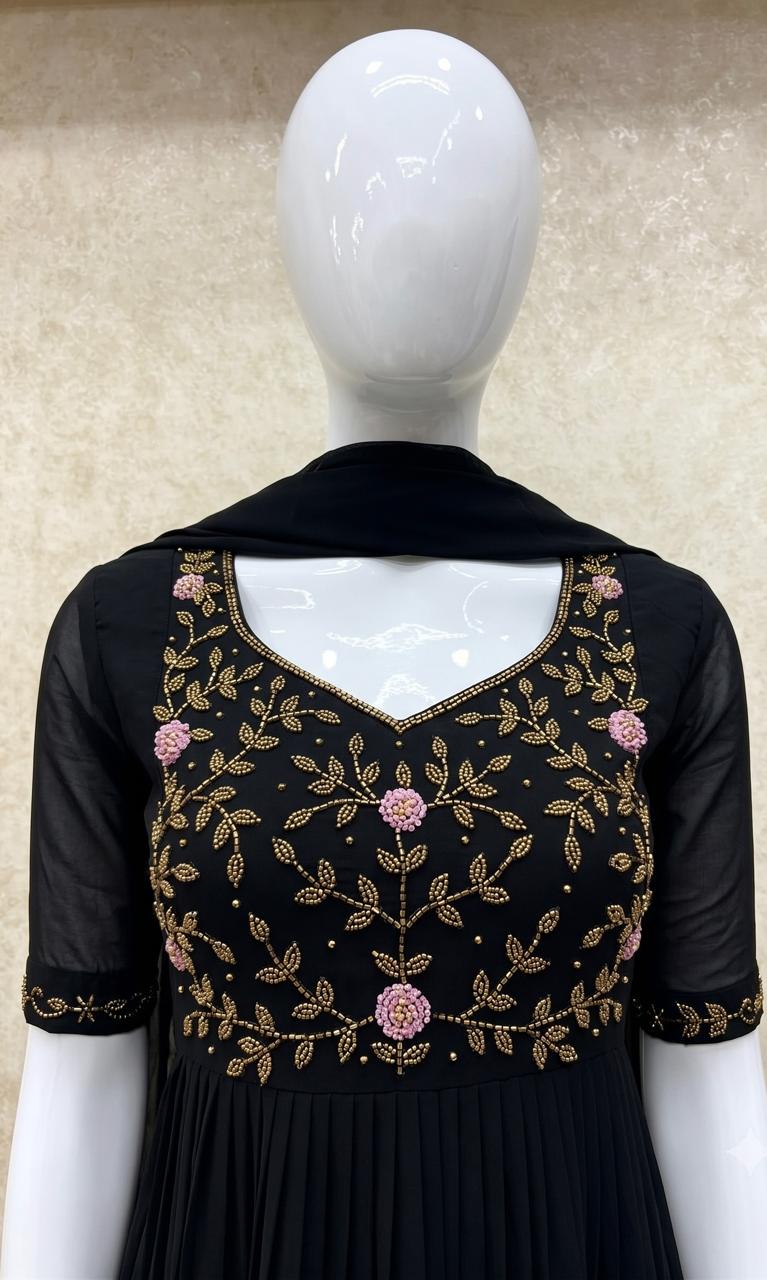 #TH197 / Long Top Dupatta Set / Pleated / Elbow sleeves / All Over Handwork03 / Jet Black