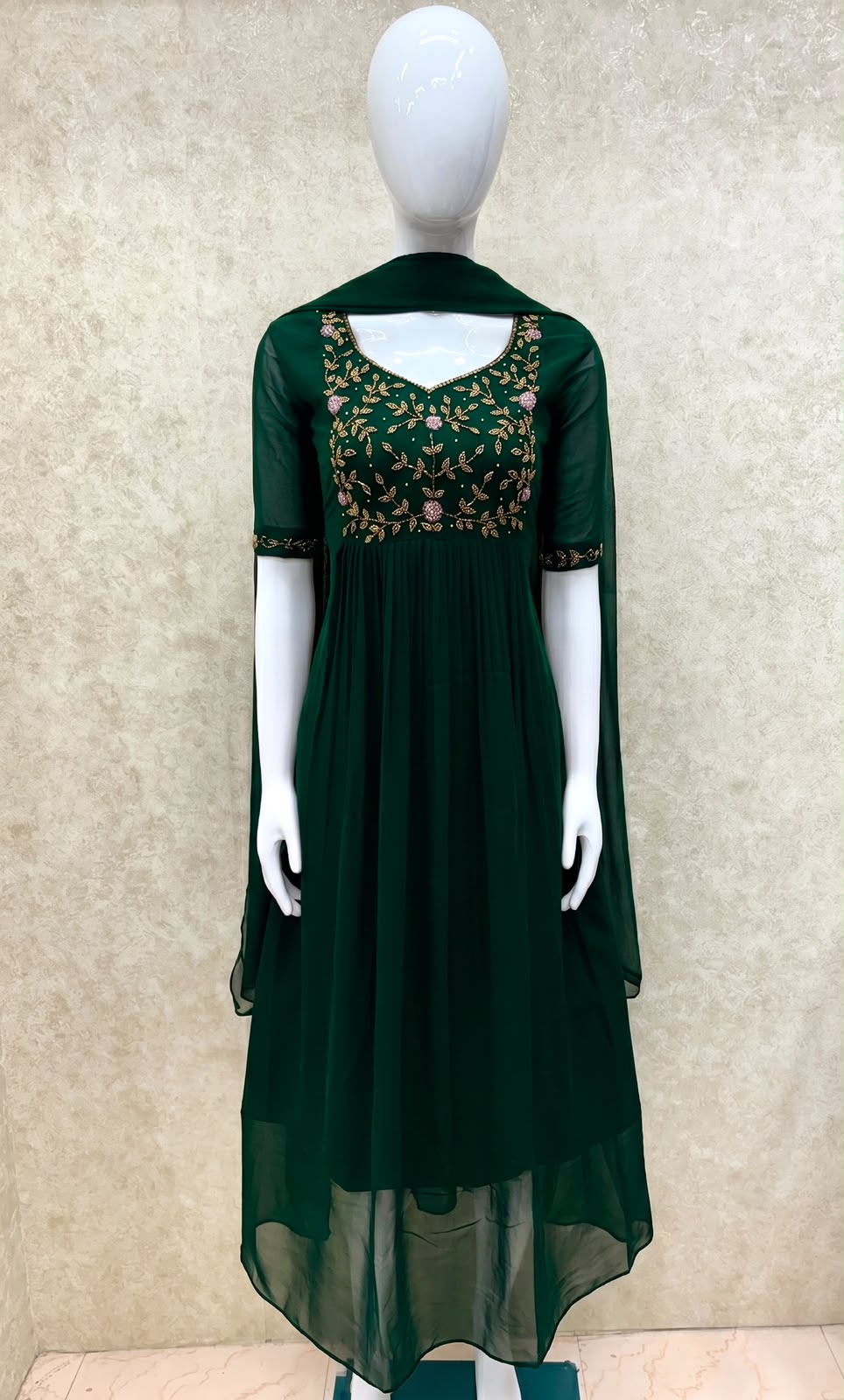 #TH197 / Long Top Dupatta Set / Pleated / Elbow sleeves / All Over Handwork03 / Dark Green - Image 2
