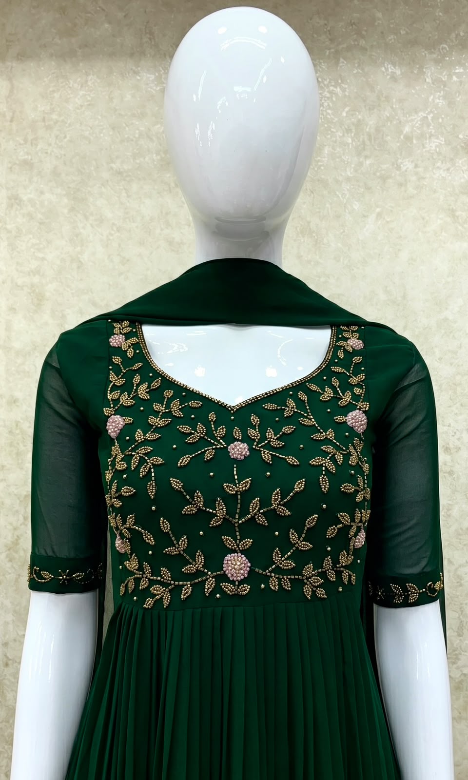 #TH197 / Long Top Dupatta Set / Pleated / Elbow sleeves / All Over Handwork03 / Dark Green