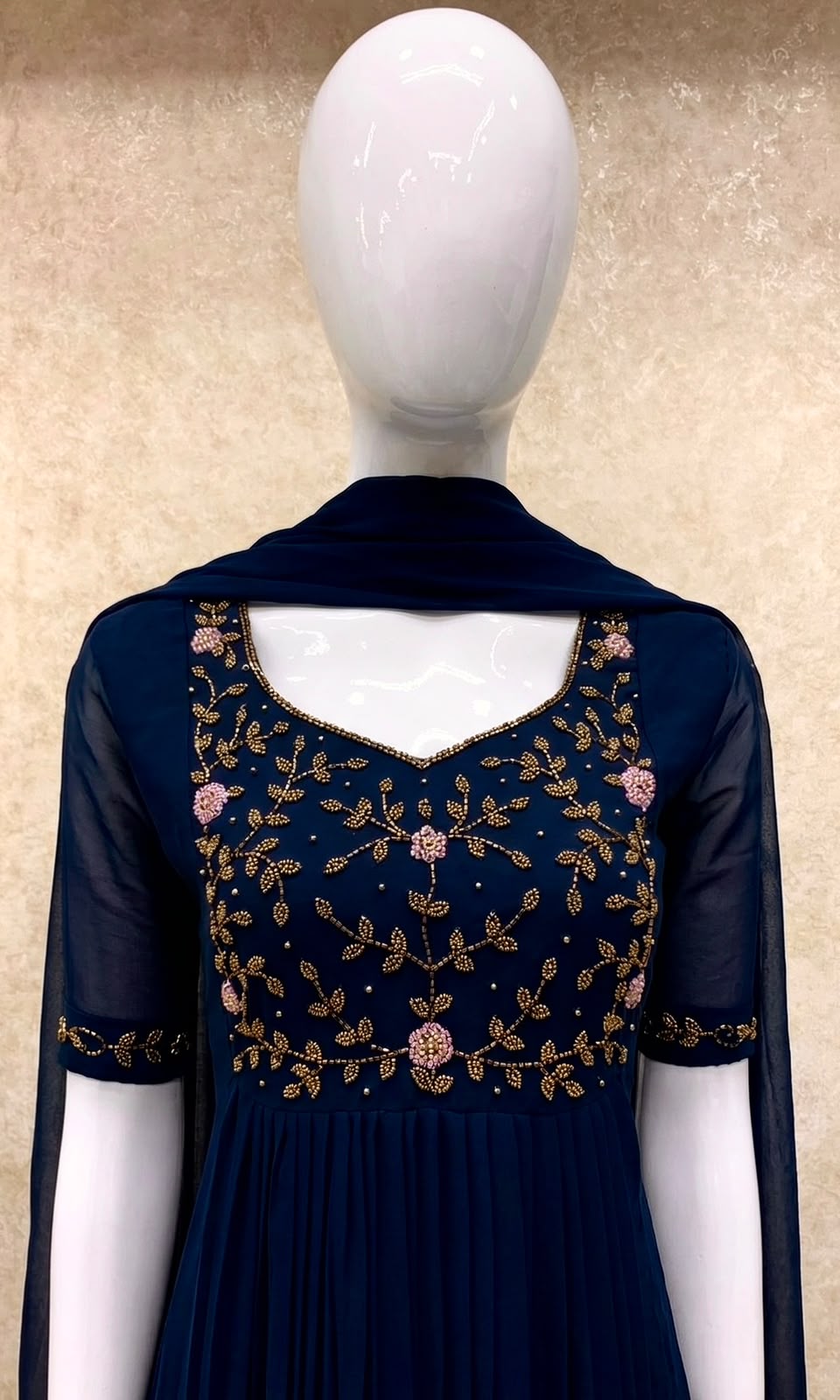 #TH197 / Long Top Dupatta Set / Pleated / Elbow sleeves / All Over Handwork03 / Navy Blue