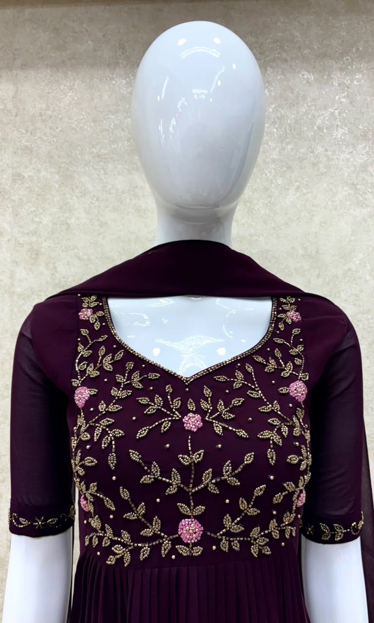 #TH197 / Long Top Dupatta Set / Pleated / Elbow sleeves / All Over Handwork03 / Dark Wine