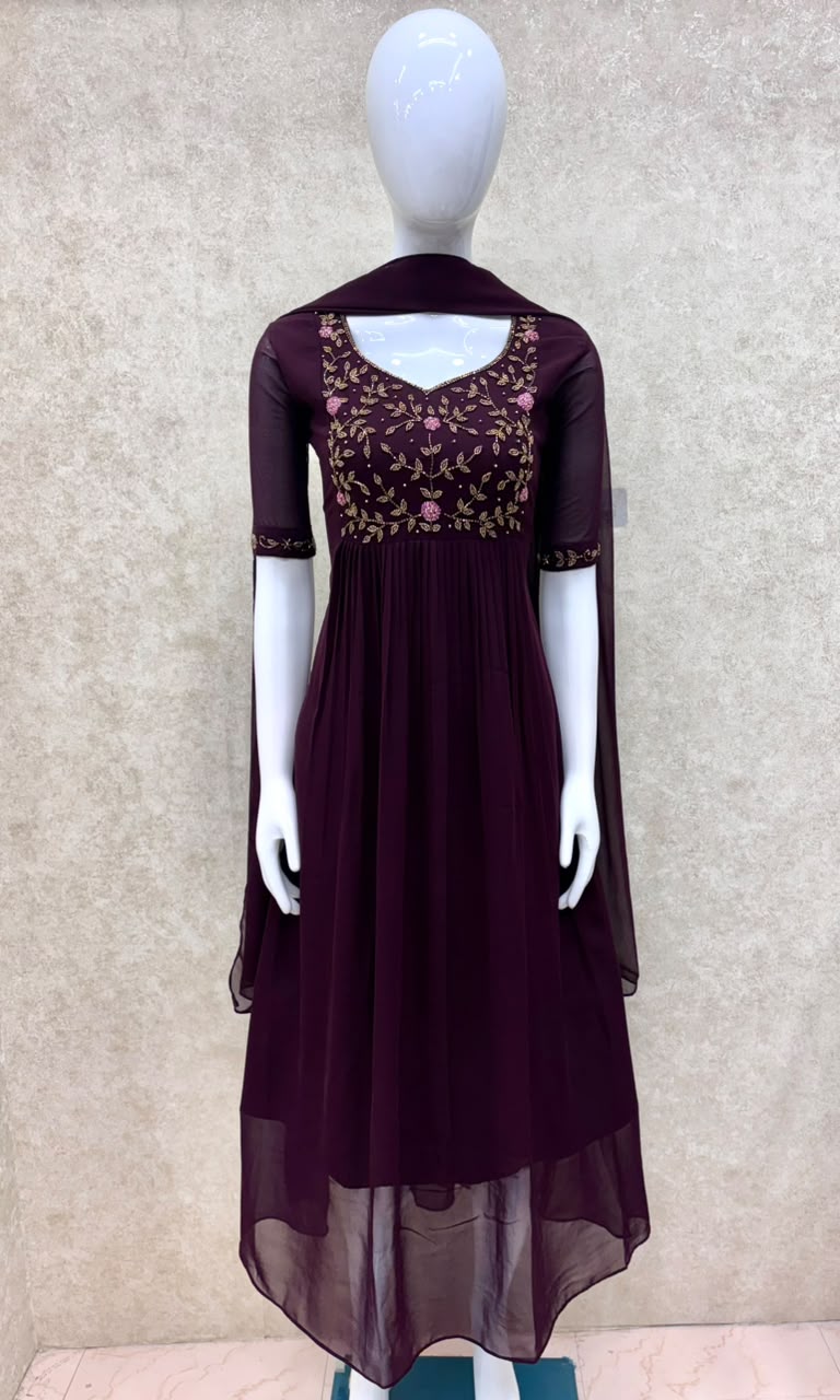 #TH197 / Long Top Dupatta Set / Pleated / Elbow sleeves / All Over Handwork03 / Dark Wine - Image 2
