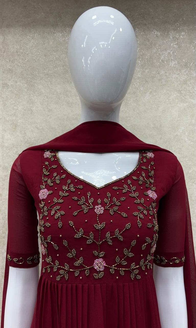 #TH197 / Long Top Dupatta Set / Pleated / Elbow sleeves / All Over Handwork03 / Reddish Maroon