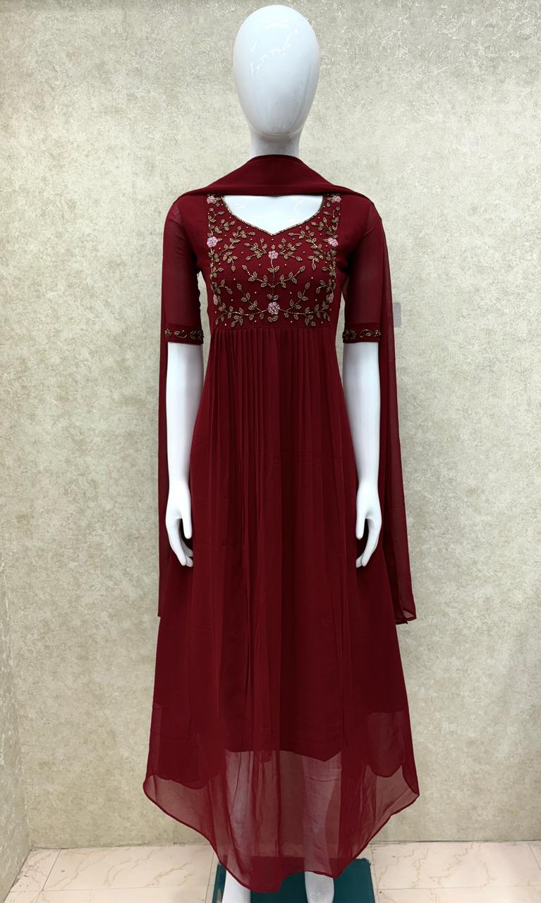 #TH197 / Long Top Dupatta Set / Pleated / Elbow sleeves / All Over Handwork03 / Reddish Maroon - Image 2