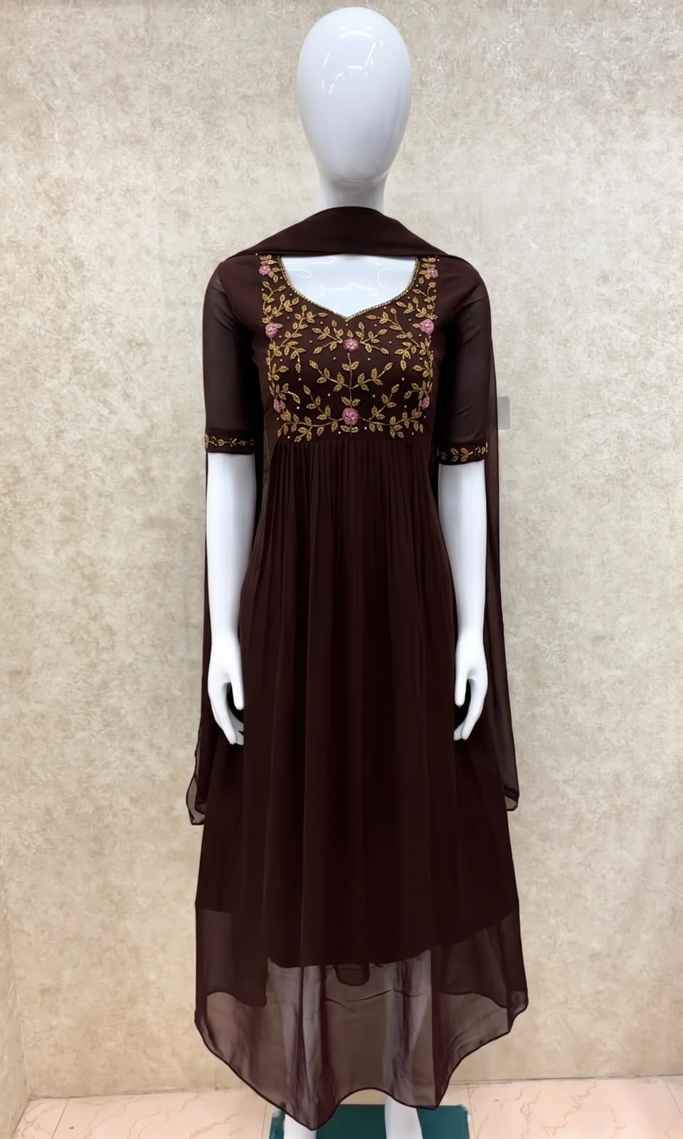 #TH197 / Long Top Dupatta Set / Pleated / Elbow sleeves / All Over Handwork03 / Coffee - Image 2
