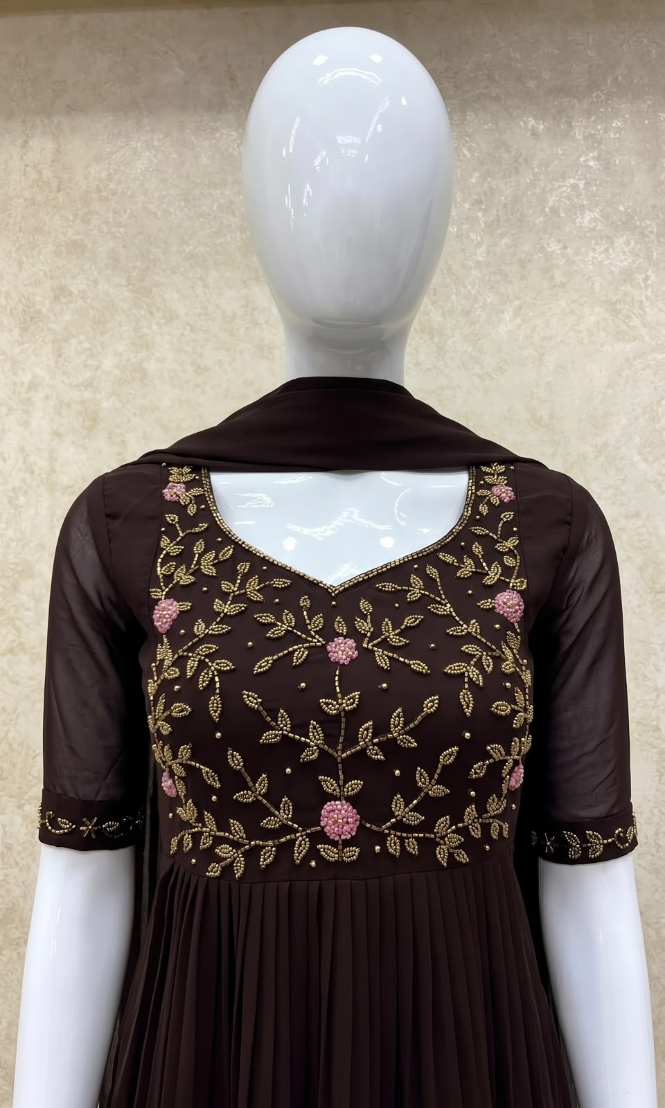 #TH197 / Long Top Dupatta Set / Pleated / Elbow sleeves / All Over Handwork03 / Coffee