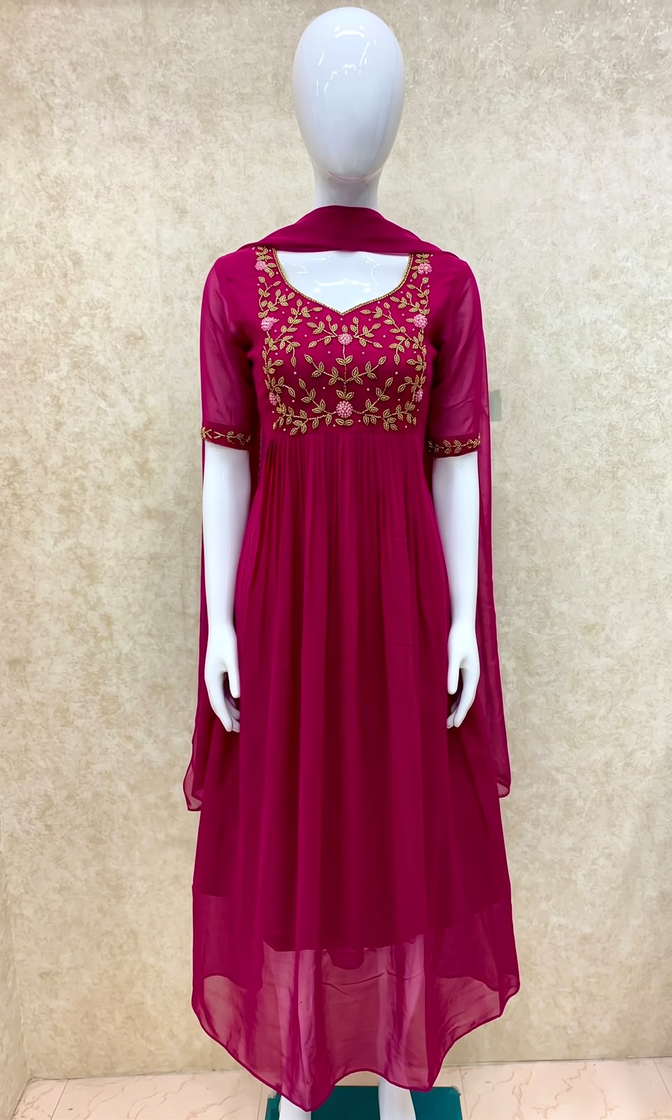 #TH197 / Long Top Dupatta Set / Pleated / Elbow sleeves / All Over Handwork03 / Dark Pink - Image 2