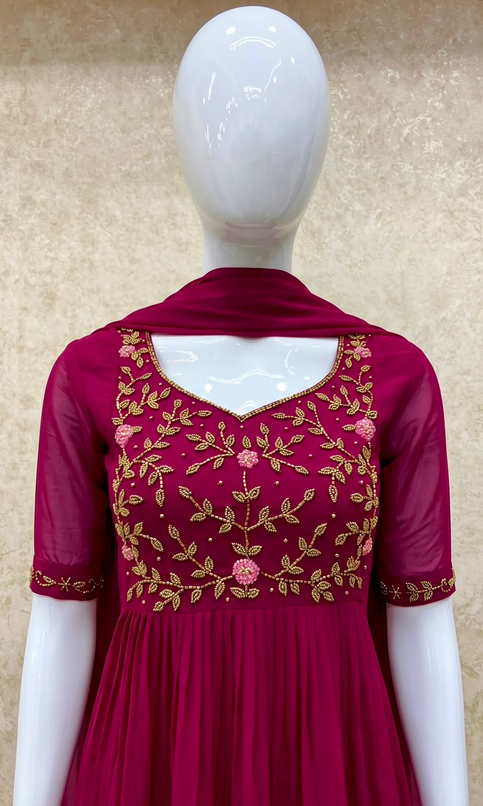 #TH197 / Long Top Dupatta Set / Pleated / Elbow sleeves / All Over Handwork03 / Dark Pink