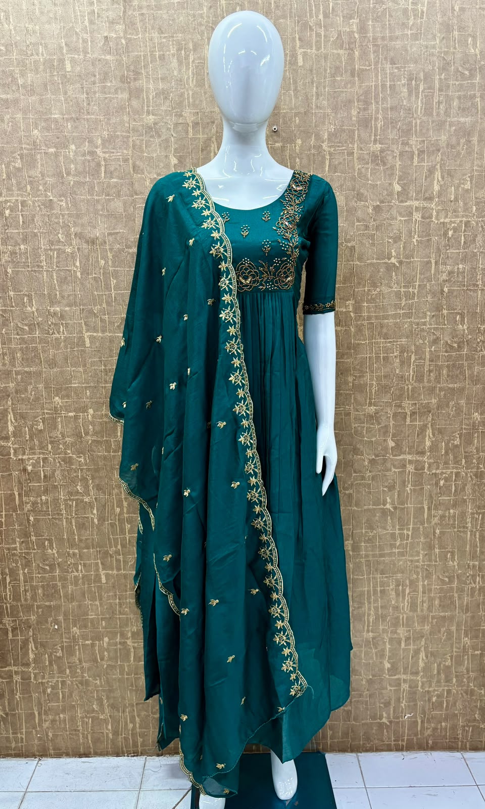 #TH232 / Long Top Heavy Embroideried Dupatta Set / Party wear / Peacock Green - Image 2
