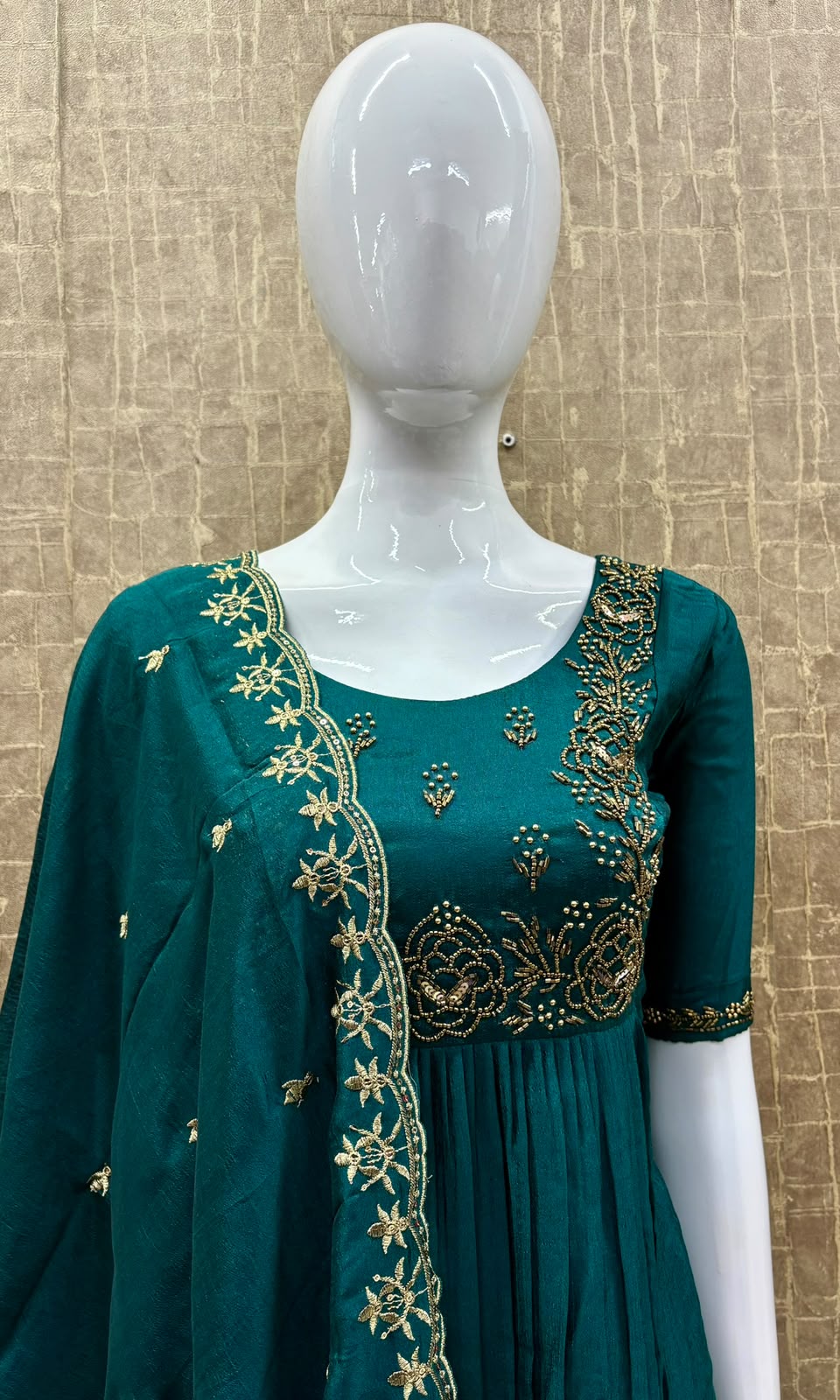 #TH232 / Long Top Heavy Embroideried Dupatta Set / Party wear / Peacock Green