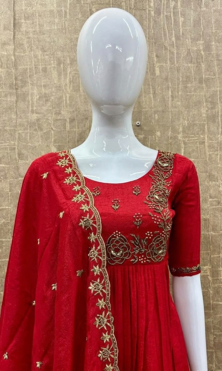 #TH232 / Long Top Heavy Embroideried Dupatta Set / Party wear / Red