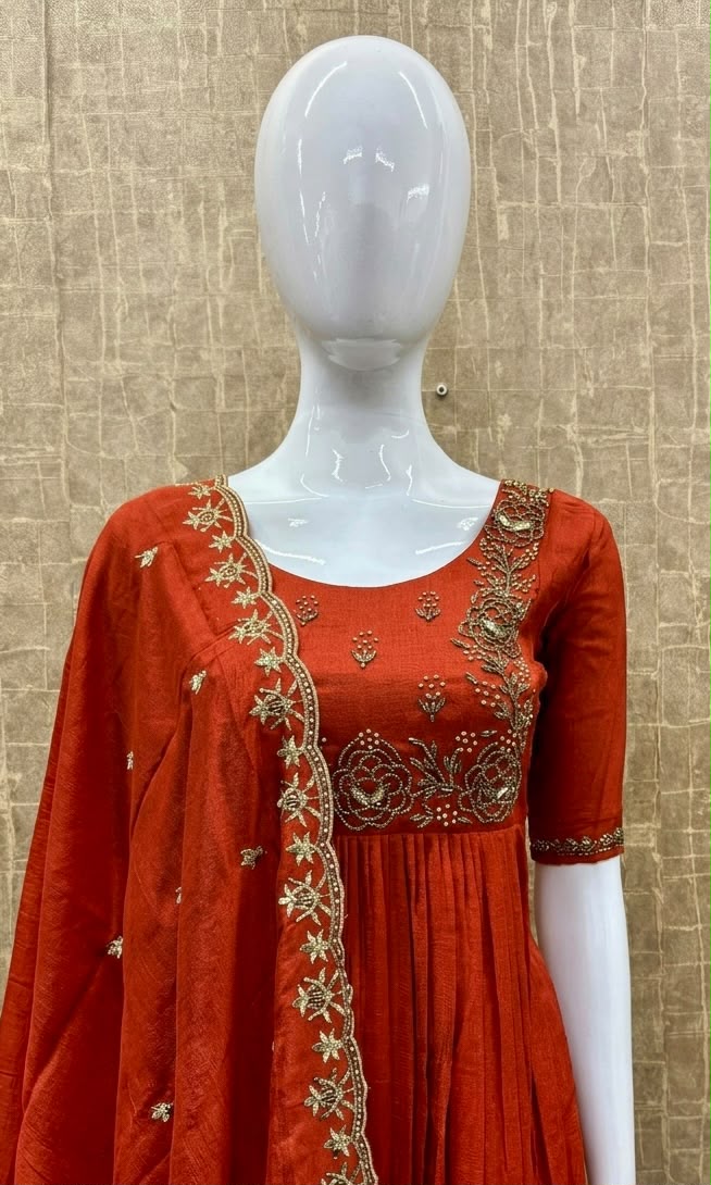 #TH232 / Long Top Heavy Embroideried Dupatta Set / Party wear / Orange