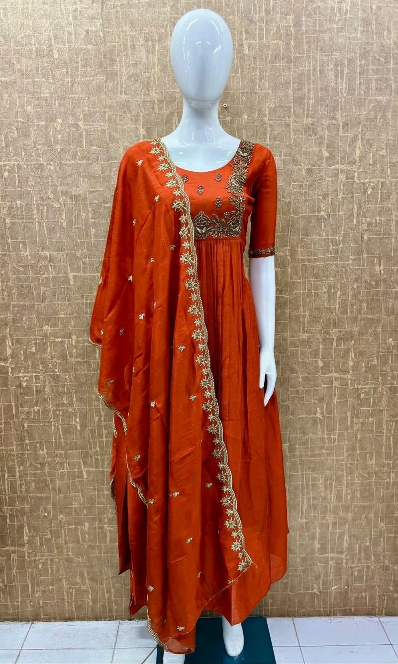 #TH232 / Long Top Heavy Embroideried Dupatta Set / Party wear / Orange - Image 2