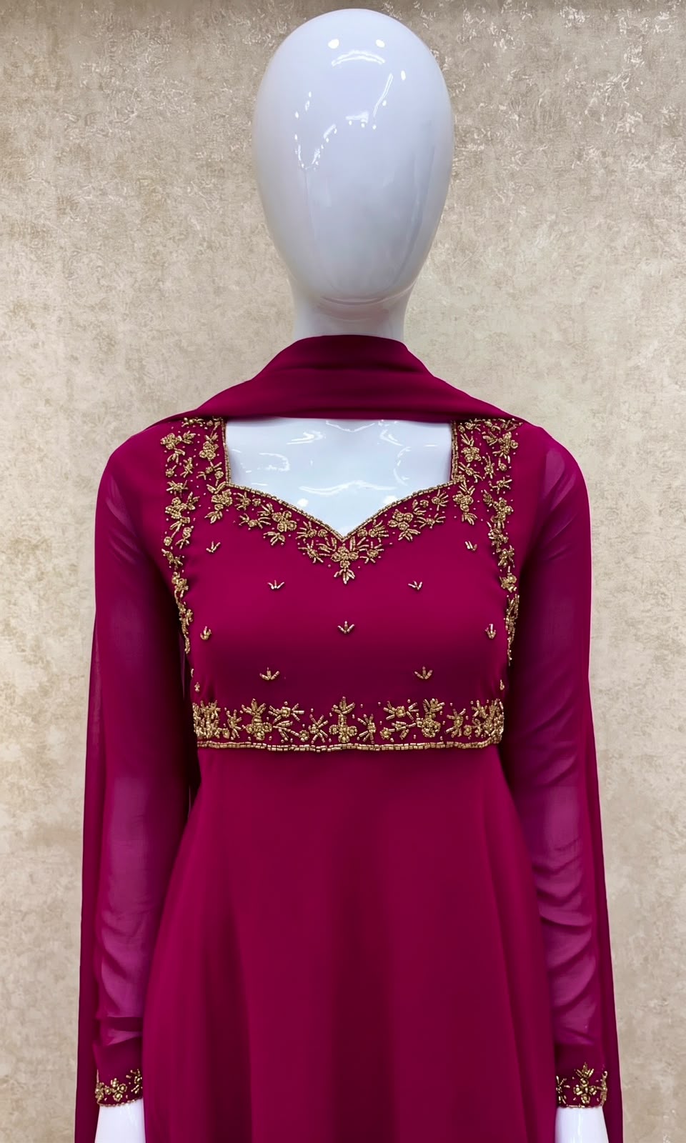 #TH219 / Georgette / Long Top Dupatta Set / Full Length / Full sleeves / Dark Pink
