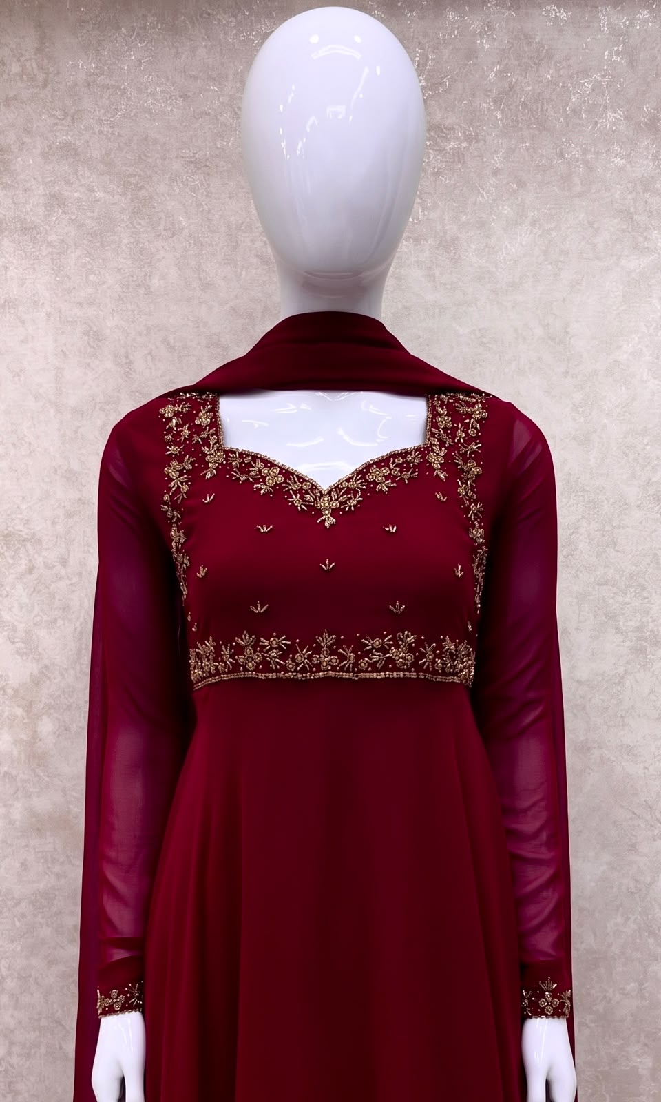 #TH219 / Georgette / Long Top Dupatta Set / Full Length / Full sleeves / Reddish Maroon
