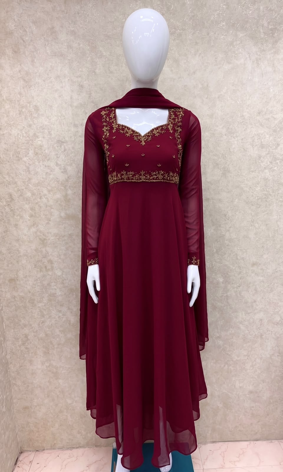 #TH219 / Georgette / Long Top Dupatta Set / Full Length / Full sleeves / Reddish Maroon - Image 2
