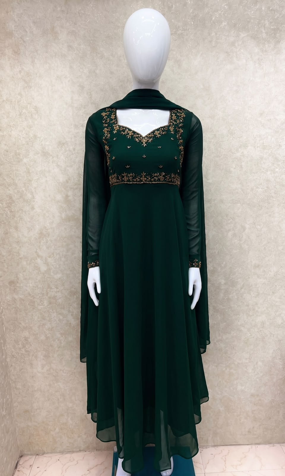 #TH219 / Georgette / Long Top Dupatta Set / Full Length / Full sleeves / Dark Green - Image 2